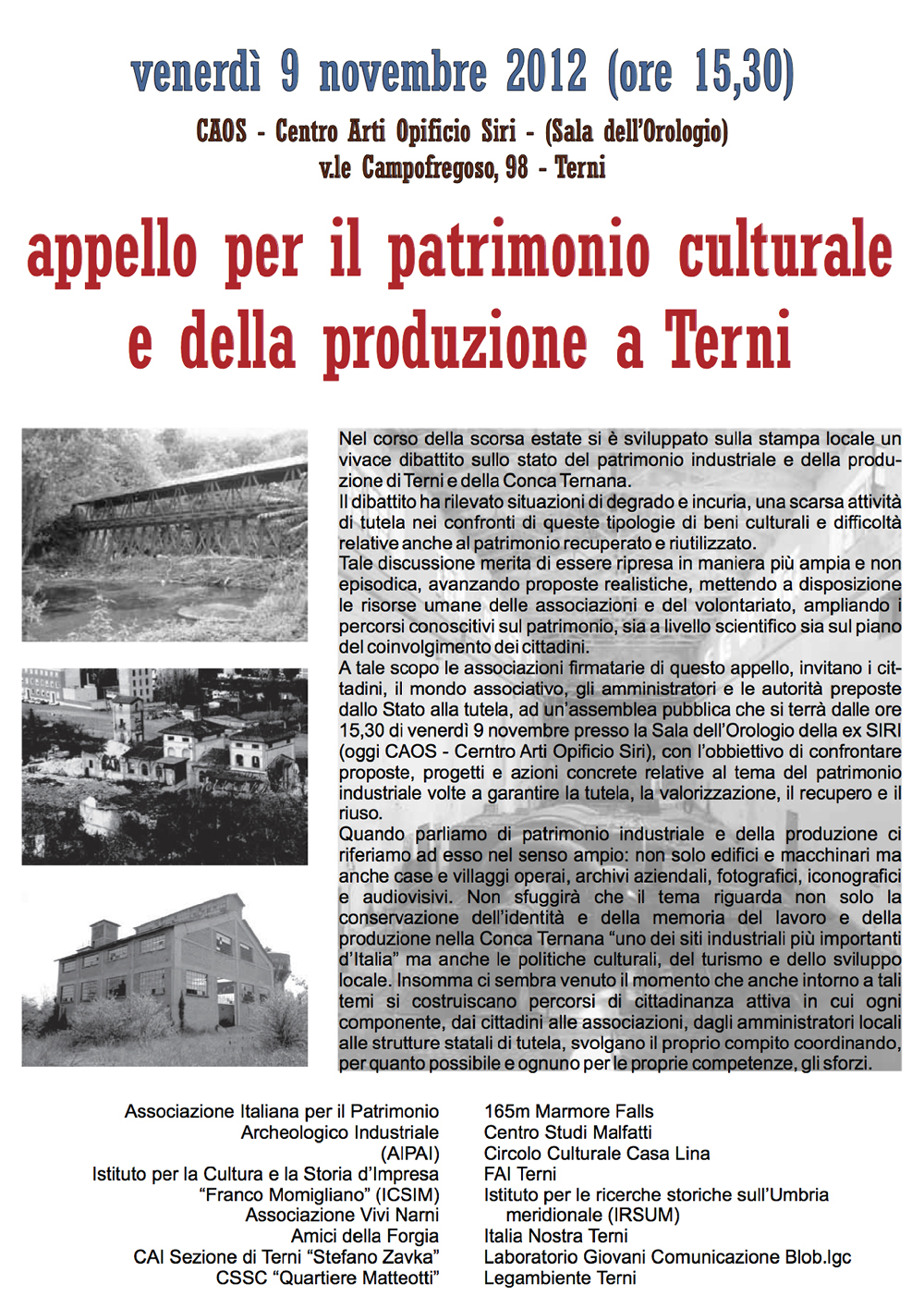 Appello per il patrimonio culturale e della produzione a Terni